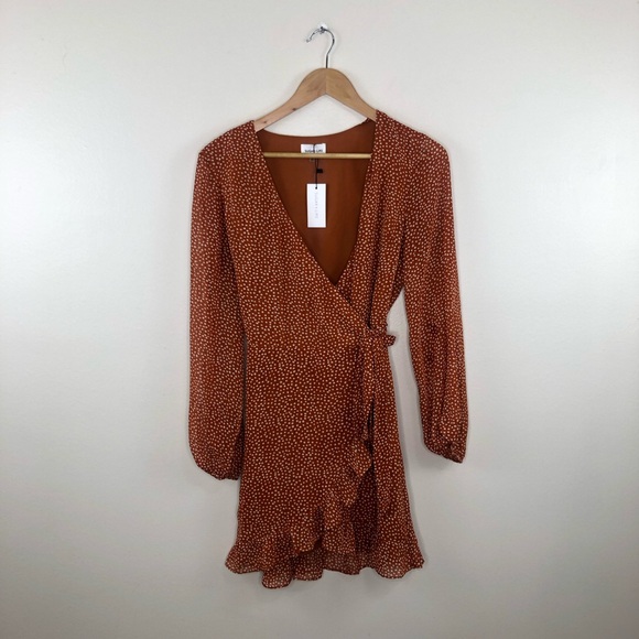 NWT Sugar lips Burnt orange white polka dot wrap dress size xs - Picture 2 of 14